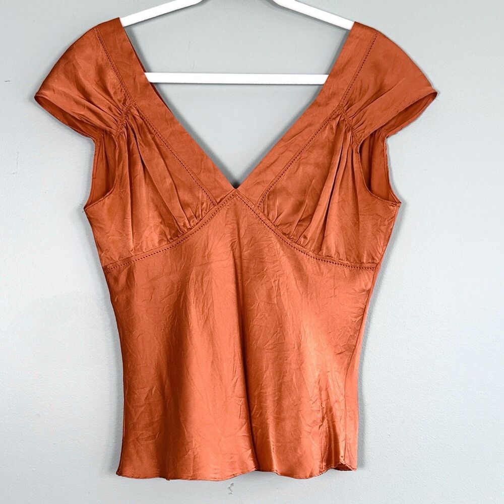 New York & Co Silk Babydoll Blouse Womens Medium Orange Y2K Fairy Satin